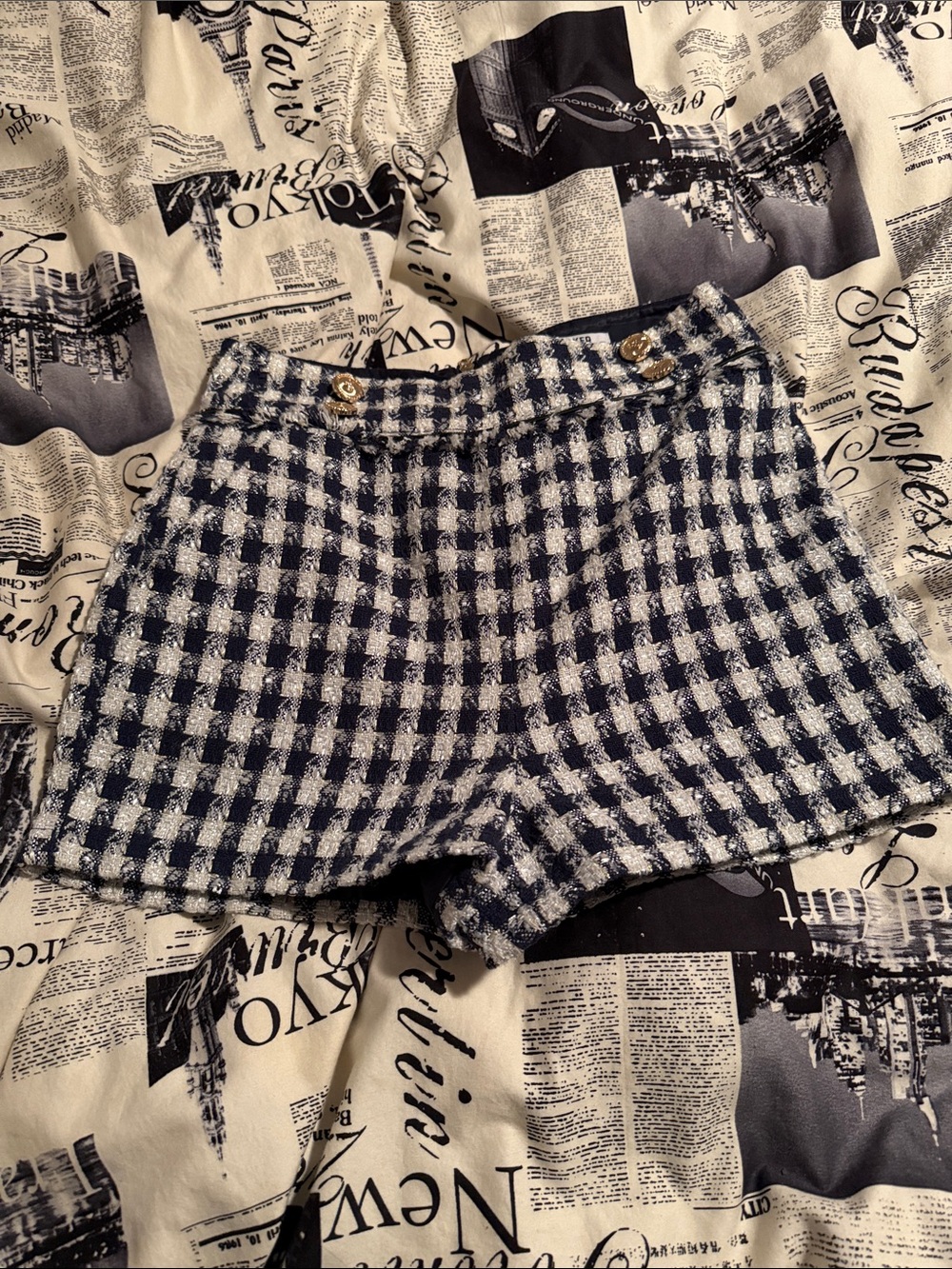 Walter Baker Navy and White Tweed High-Waist Shorts